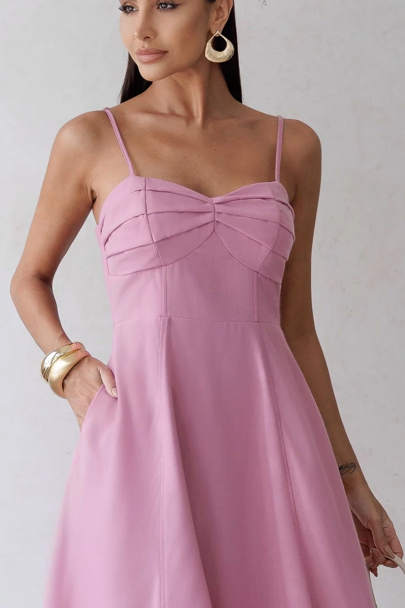 Miss Misses - Elizandra Dress with Thin Straps, Pleated Bust, Rose - 54707031