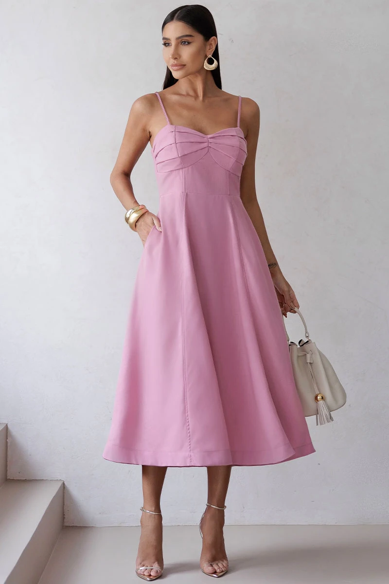 Miss Misses - Elizandra Dress with Thin Straps, Pleated Bust, Rose - 54707031