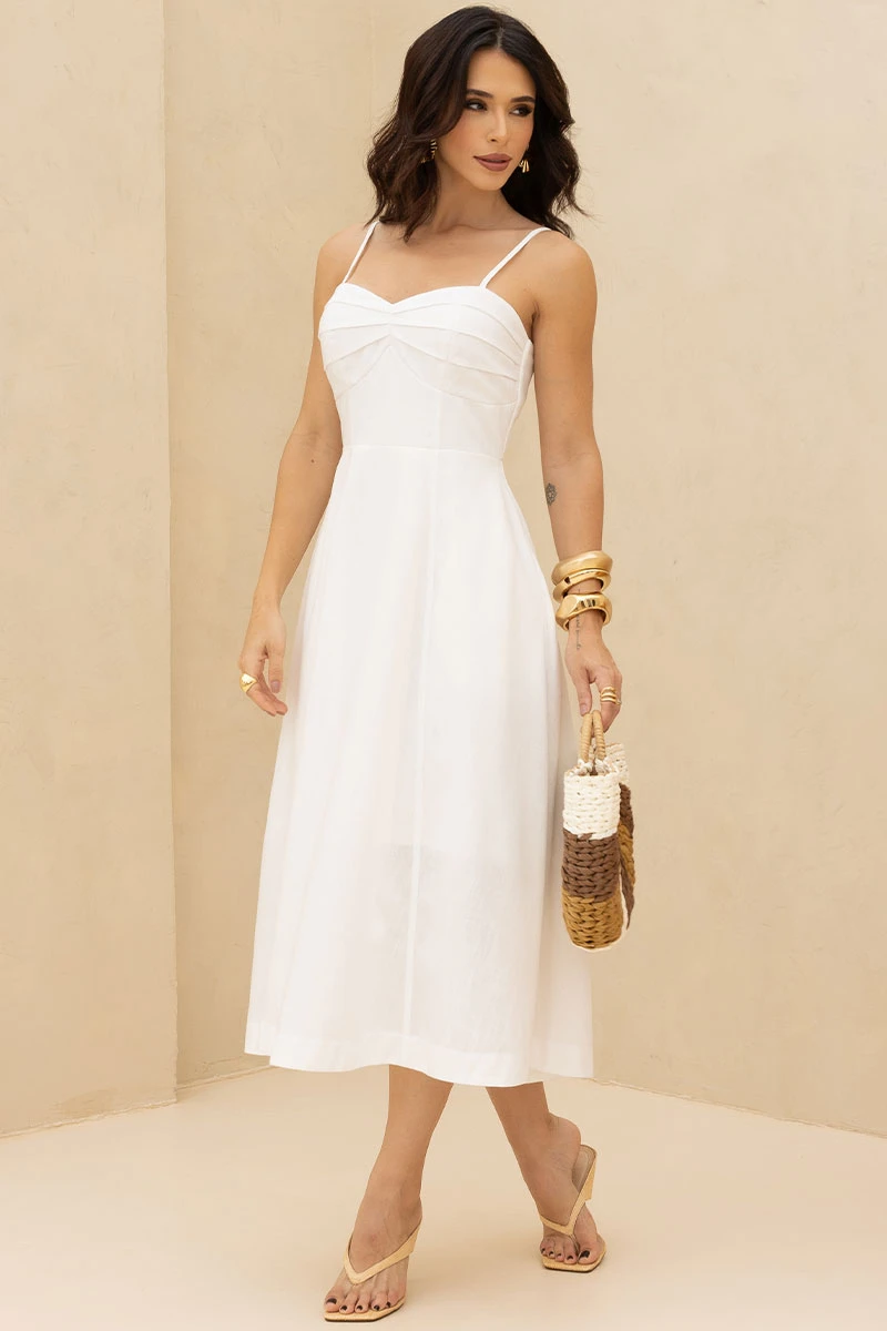 Miss Misses - Elizandra Dress with Thin Straps and Pleated Bust, Off White - 54707030