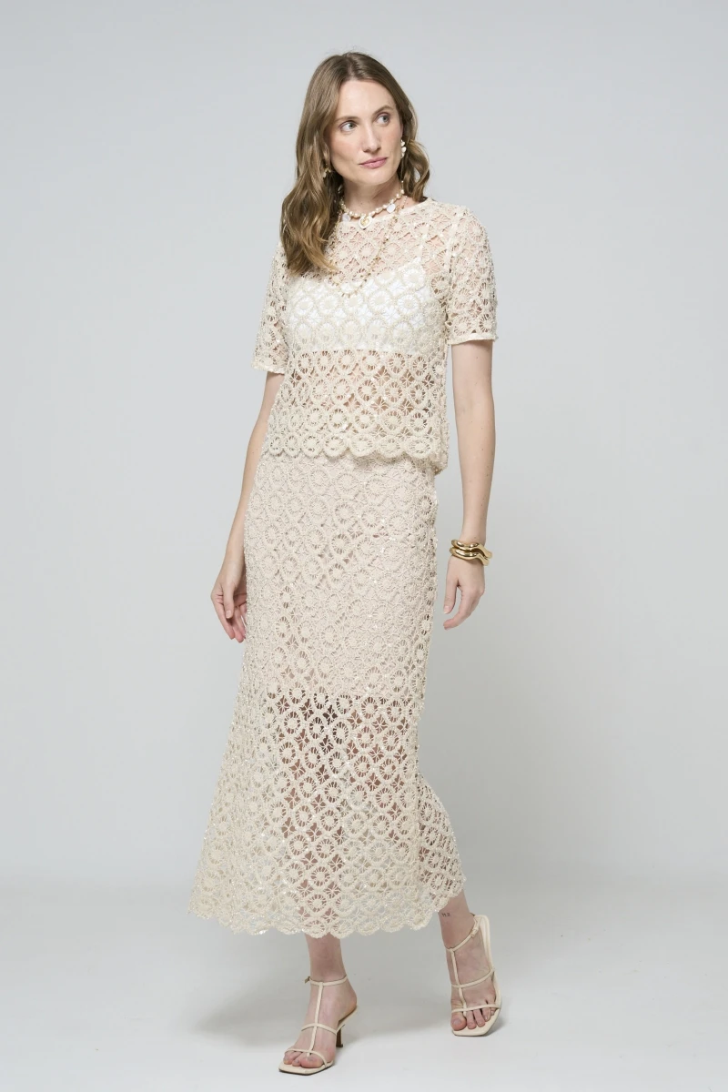 Hidrogênio - BLUSA RENDA COM PAETE E MIÇANGAS NATURAL - 20608182