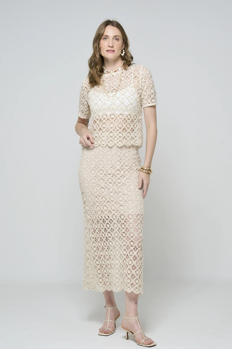 Hidrogênio - BLUSA RENDA COM PAETE E MIÇANGAS NATURAL - 20608182