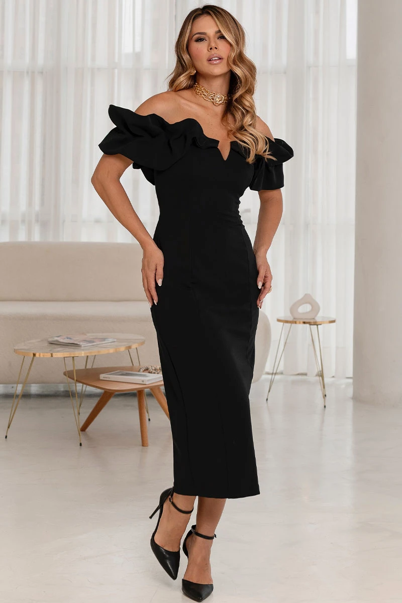 Miss Misses - Dress Driely MD VC neckline/frills Black - 54689001