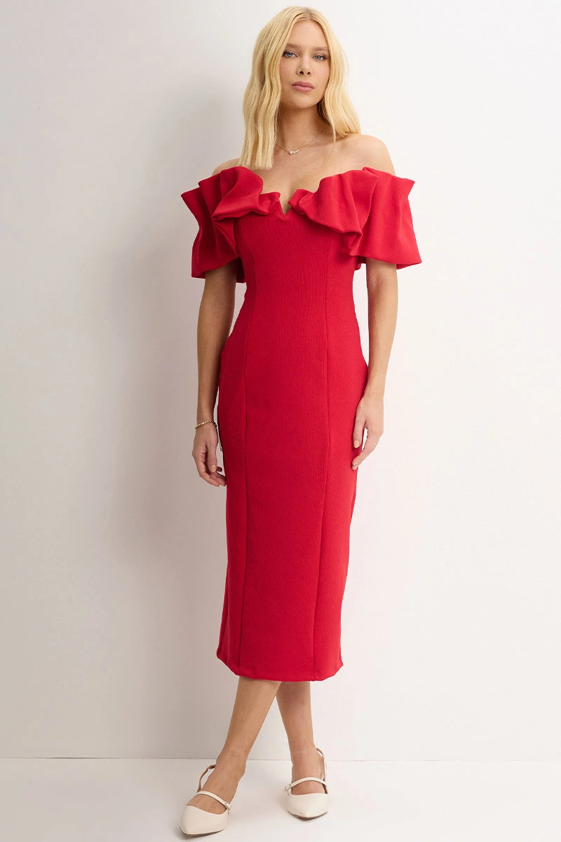 Miss Misses - Dress Driely MD VC neckline/frills Red - 54689024