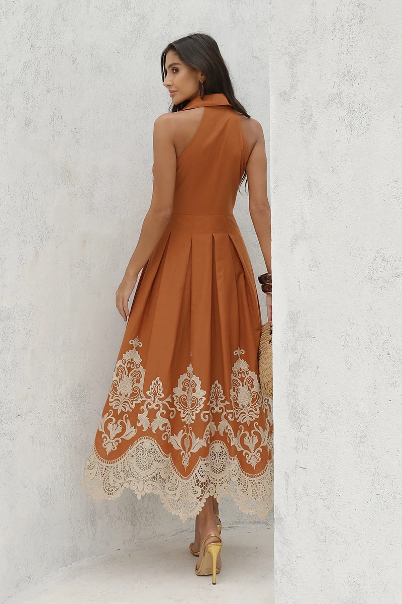 Dot Clothing - Vestido Dot Clothing Cora Longuete Barra Bordado Terracota - 2896MARROM