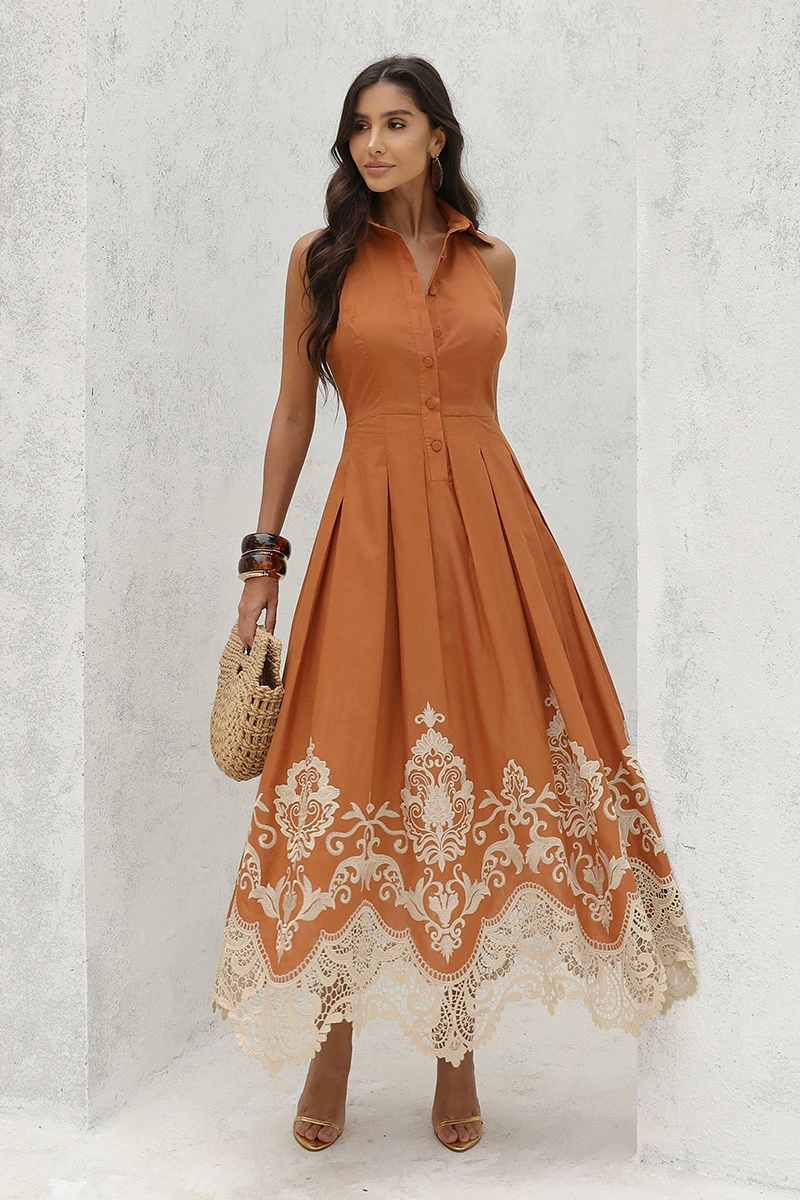 Dot Clothing - Vestido Dot Clothing Cora Longuete Barra Bordado Terracota - 2896MARROM