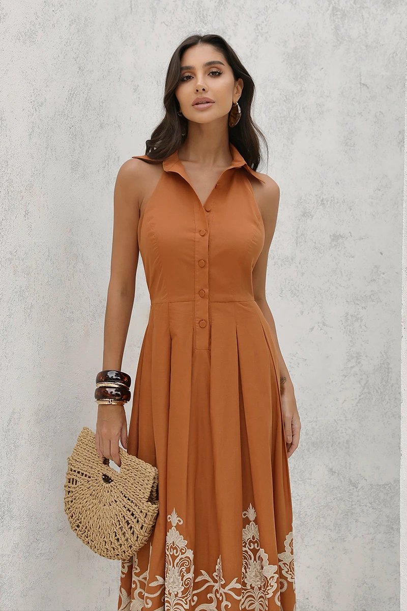 Dot Clothing - Vestido Dot Clothing Cora Longuete Barra Bordado Terracota - 2896MARROM