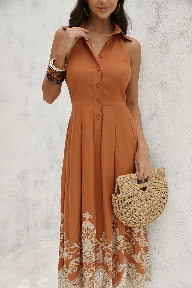 Dot Clothing - Vestido Dot Clothing Cora Longuete Barra Bordado Terracota - 2896MARROM