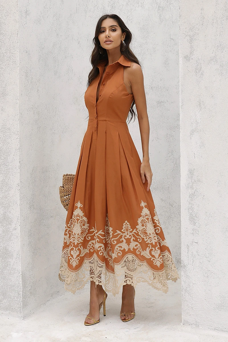 Dot Clothing - Vestido Dot Clothing Cora Longuete Barra Bordado Terracota - 2896MARROM