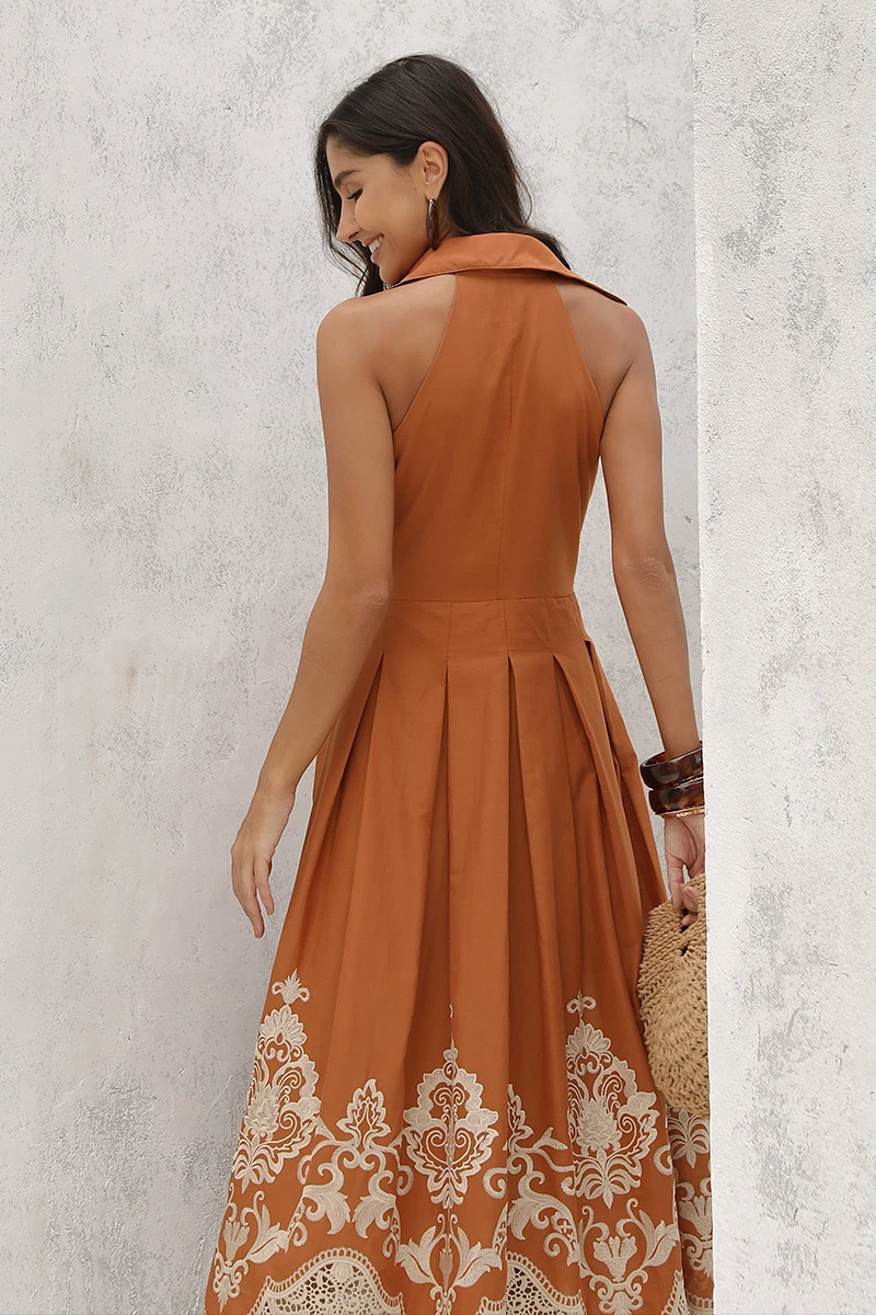 Dot Clothing - Vestido Dot Clothing Cora Longuete Barra Bordado Terracota - 2896MARROM