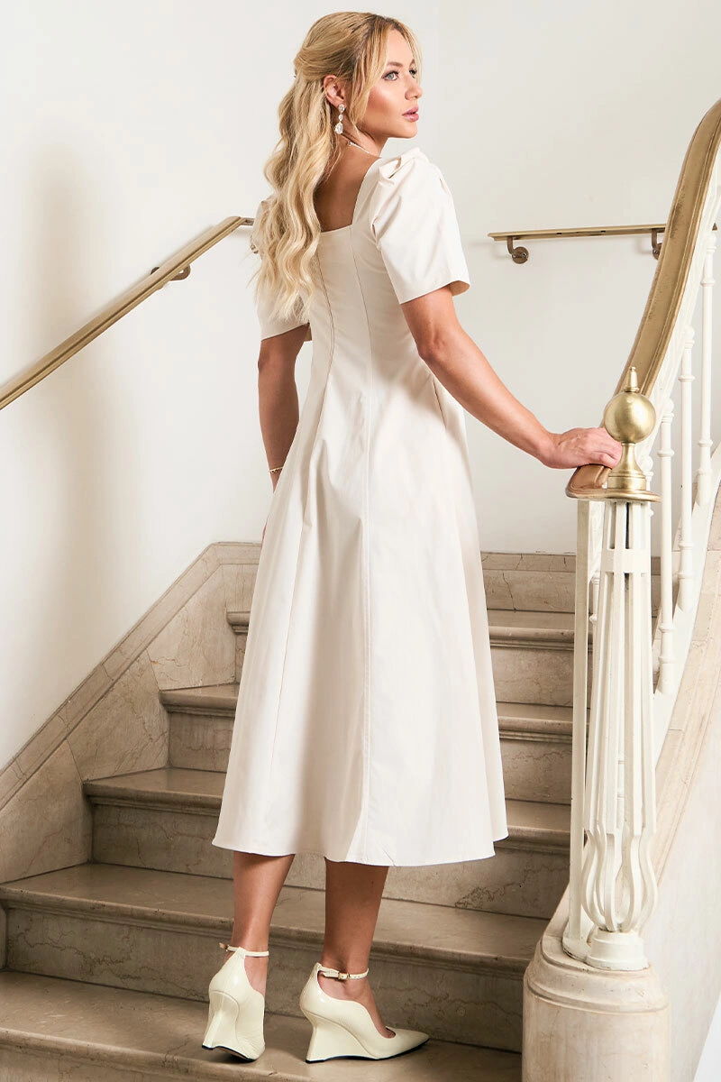 Miss Misses - Dafny Dress with V-neck/Pleated Sleeves, Off White - 54724030