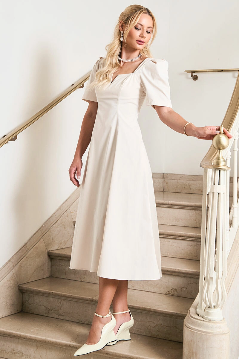 Miss Misses - Dafny Dress with V-neck/Pleated Sleeves, Off White - 54724030