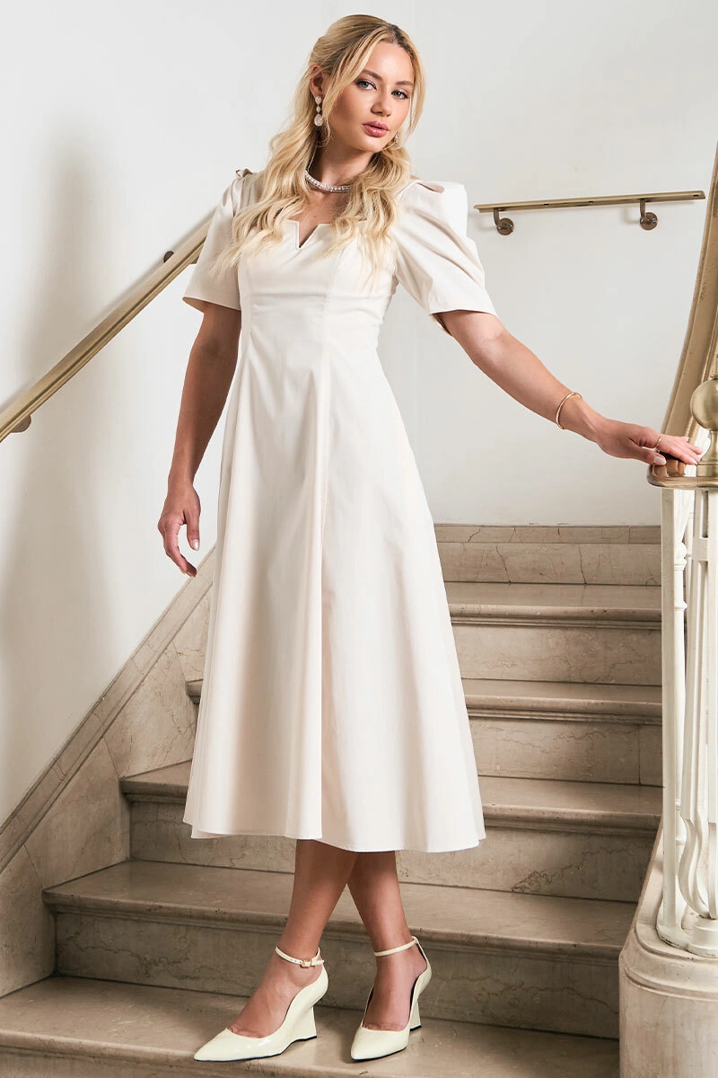 Miss Misses - Dafny Dress with V-neck/Pleated Sleeves, Off White - 54724030