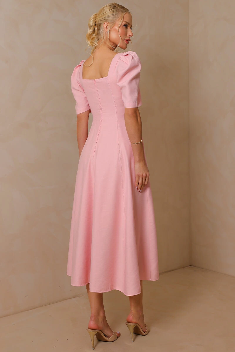 Miss Misses - Dafny Dress with V-neck/Pleated Sleeves, Pink - 54724060