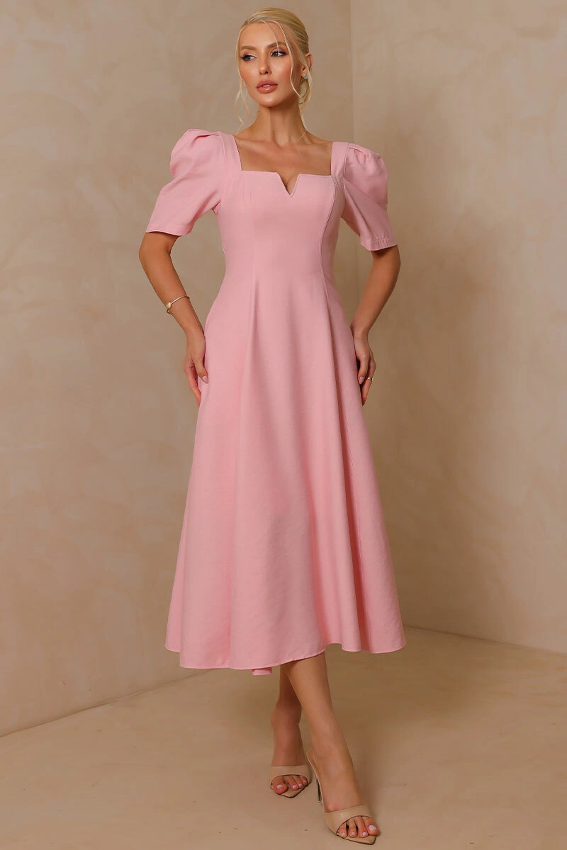 Miss Misses - Dafny Dress with V-neck/Pleated Sleeves, Pink - 54724060