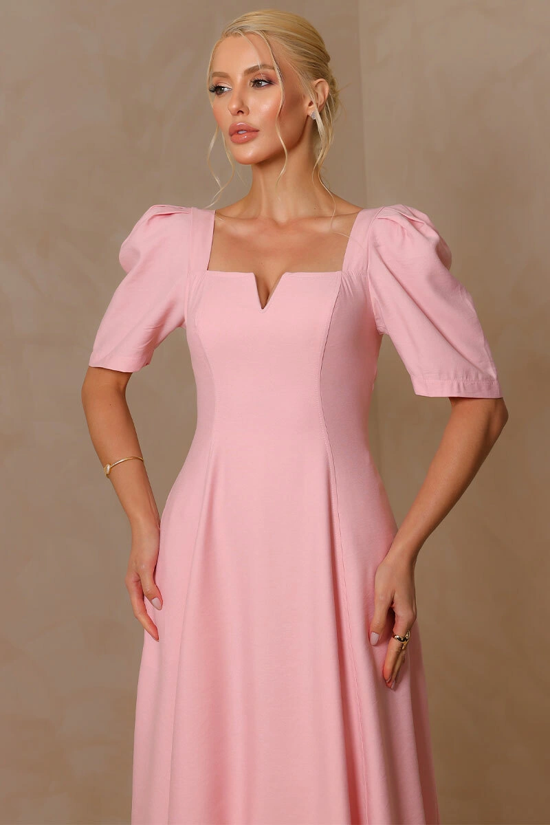Miss Misses - Dafny Dress with V-neck/Pleated Sleeves, Pink - 54724060