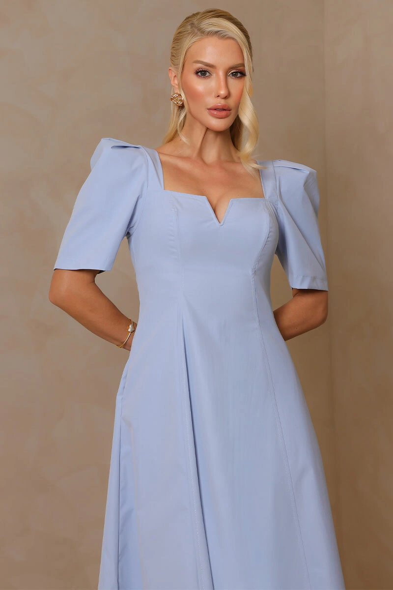 Miss Misses - Dafny Dress with V-neck/C-sleeve/Pleat Blue - 54724002