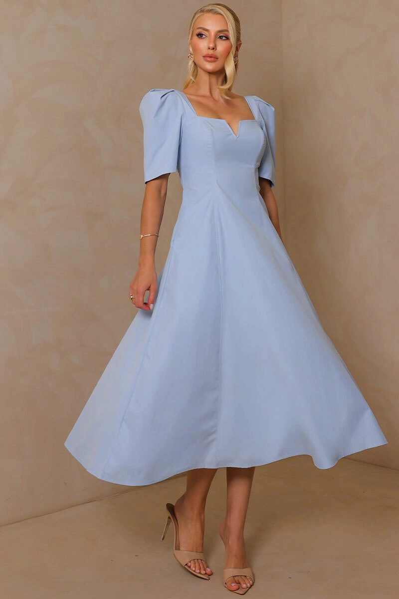 Miss Misses - Dafny Dress with V-neck/C-sleeve/Pleat Blue - 54724002