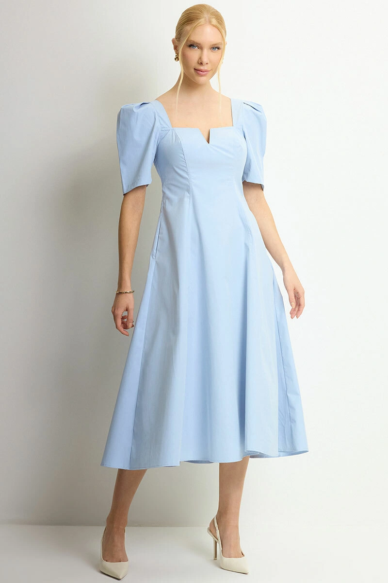 Miss Misses - Dafny Dress with V-neck/C-sleeve/Pleat Blue - 54724002