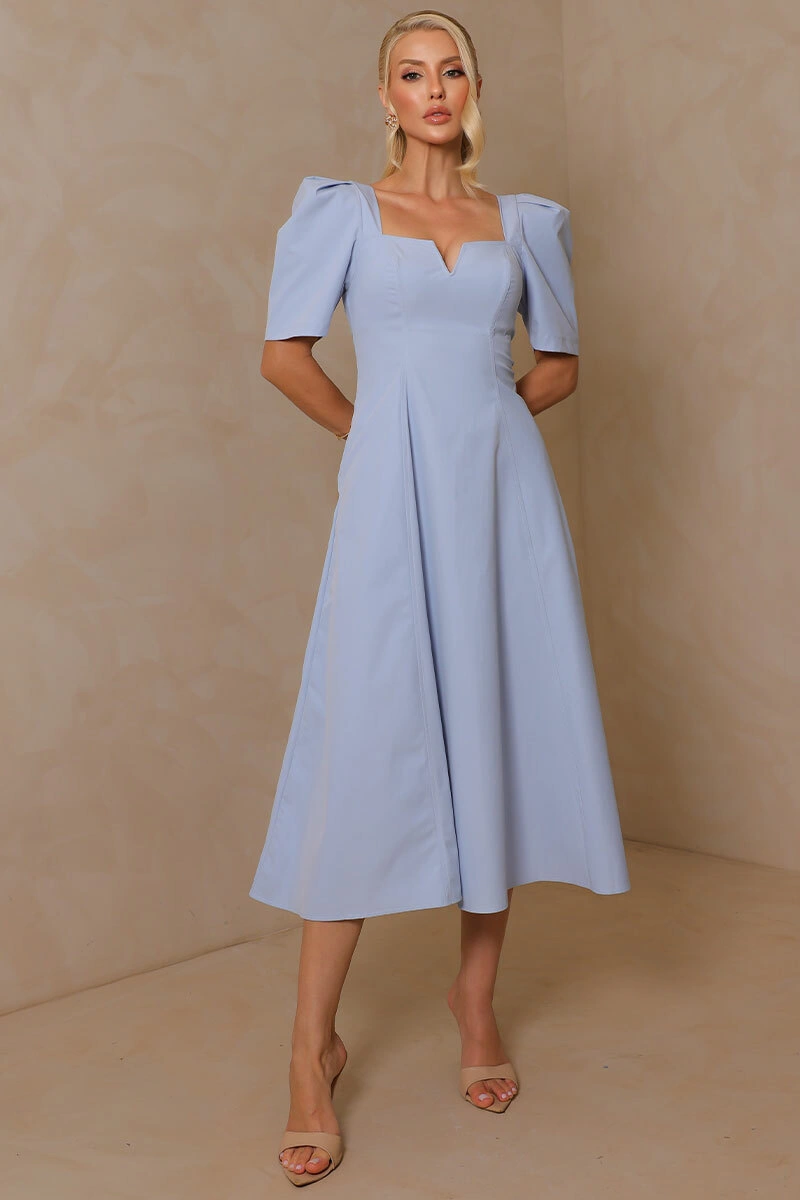 Miss Misses - Dafny Dress with V-neck/C-sleeve/Pleat Blue - 54724002