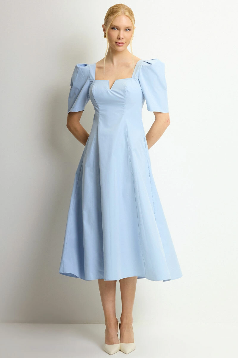 Miss Misses - Dafny Dress with V-neck/C-sleeve/Pleat Blue - 54724002