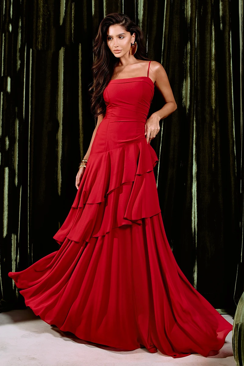 Dot Clothing - Vestido Dot Clothing Longo Kate Babado Assimétrico Vermelho - 2897VERM