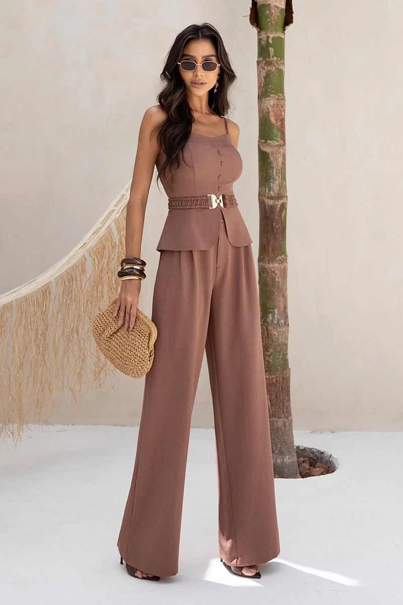 Dot Clothing - Set Dot Clothing Pamella Pants Wide-Leg Pants with Brown Stripe - 2900MARROM