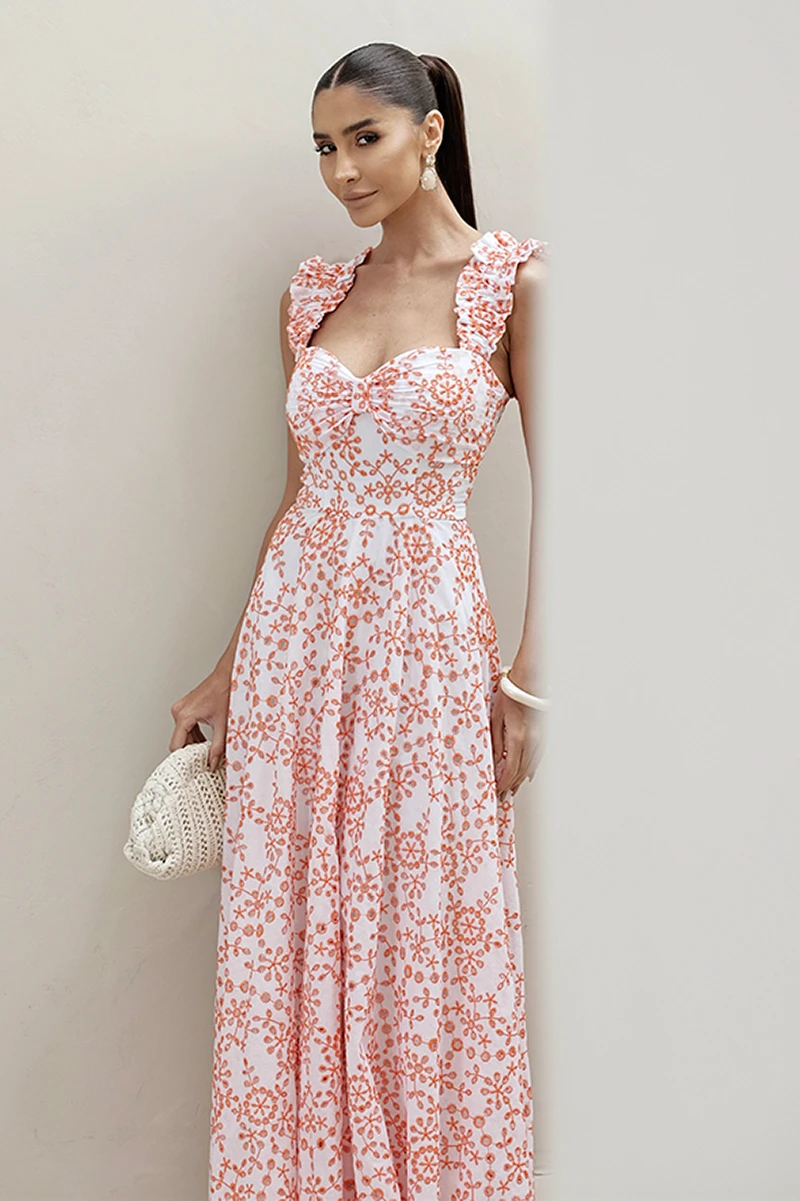 Dot Clothing - Betina Laise White and Orange Dot Clothing Long Dress - 2902BLARANJA