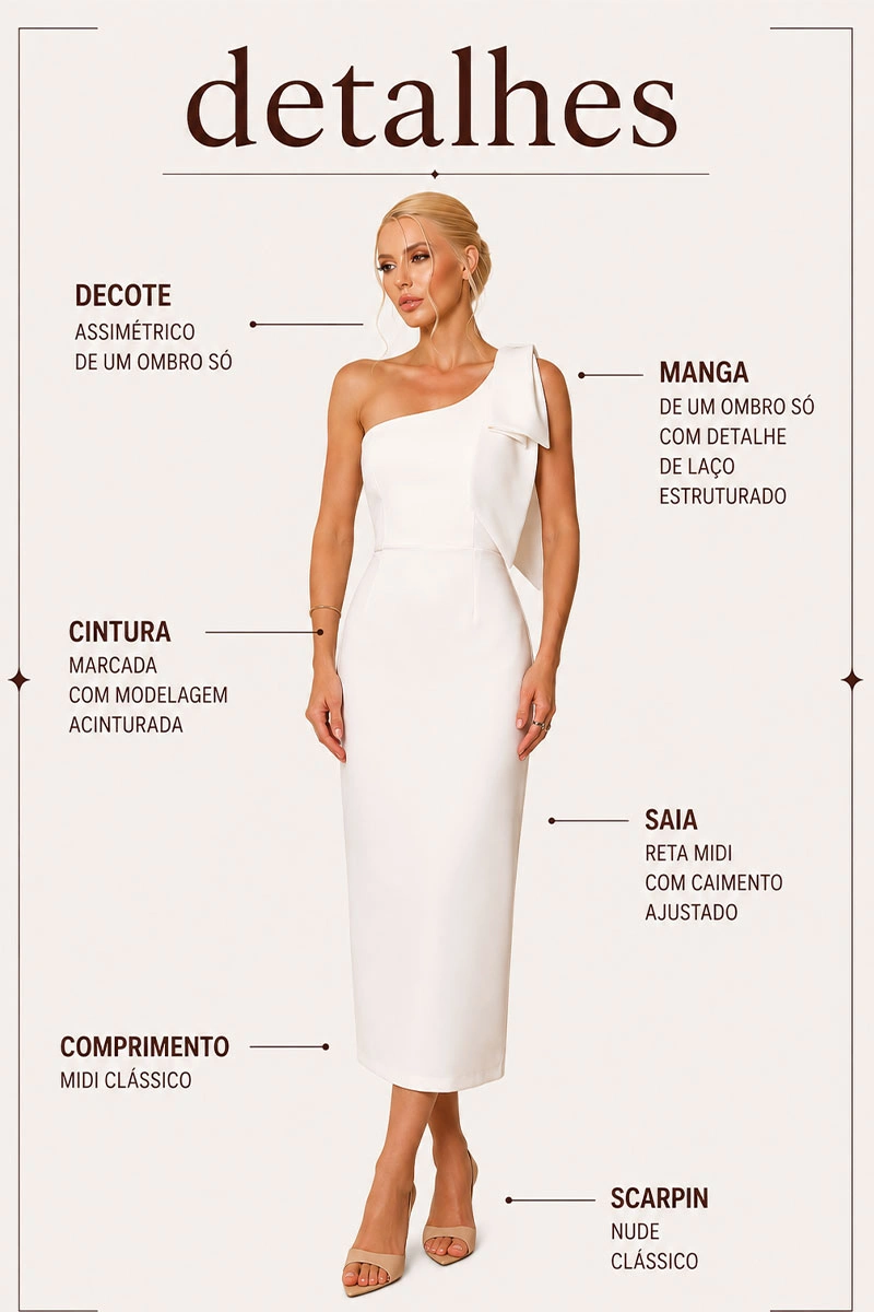 Miss Misses - Vestido Midi Samanta Um Ombro Só com Laço Estruturado Off White - 54729030