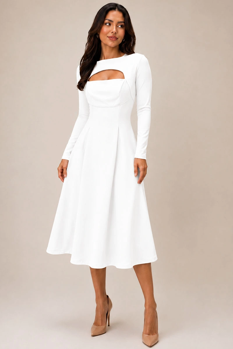 Miss Misses - Suzana MD Scuba Dress with Ruched Front, Off-White - 54790005