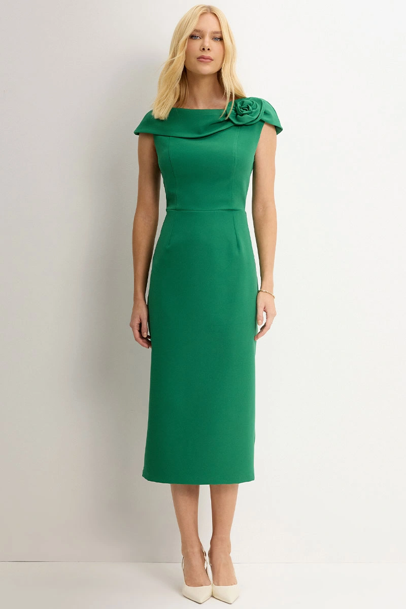 Miss Misses - Leila Sheath Dress with Flower Detail on Collar, Green - 54670023