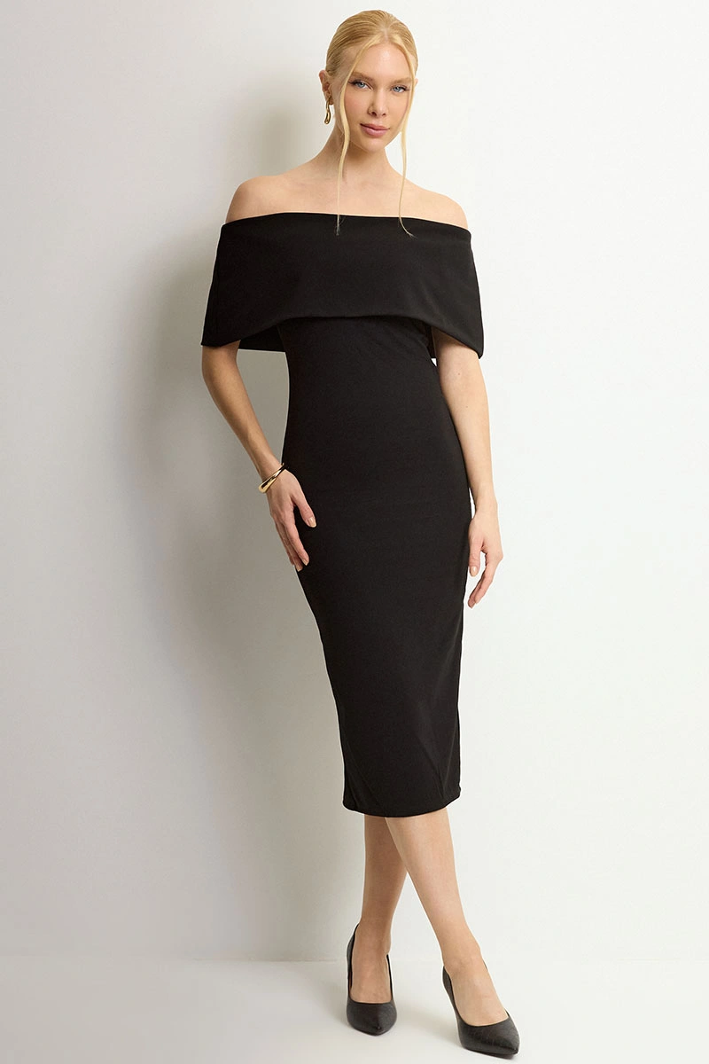 Miss Misses - Ayla Midi Dress, Off-the-Shoulder, with Side Zipper, Black - 54734001