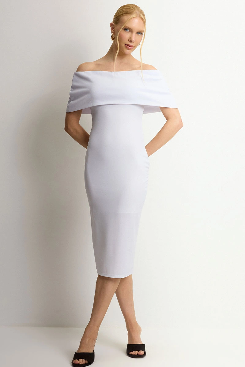 Miss Misses - Ayla Midi Off-Shoulder Dress with Side Zipper, White - 54734005