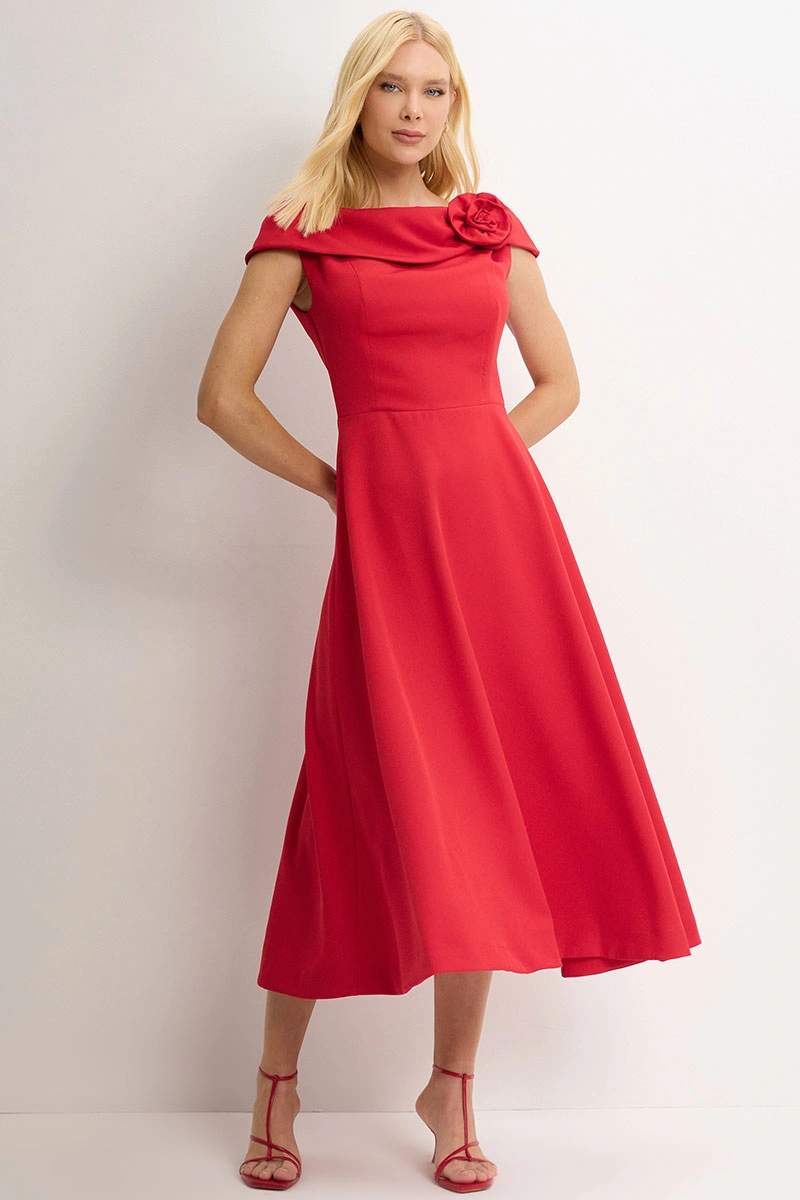 Miss Misses - Hilda Dress with Flower Detail on Collar, Red - 54592024