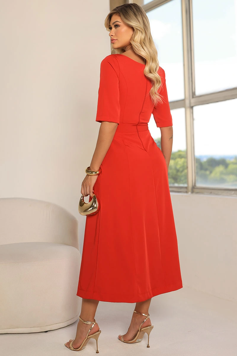 Miss Misses - Hebe Midi Dress with Short Sleeves and Red Metal Detail - 54704024