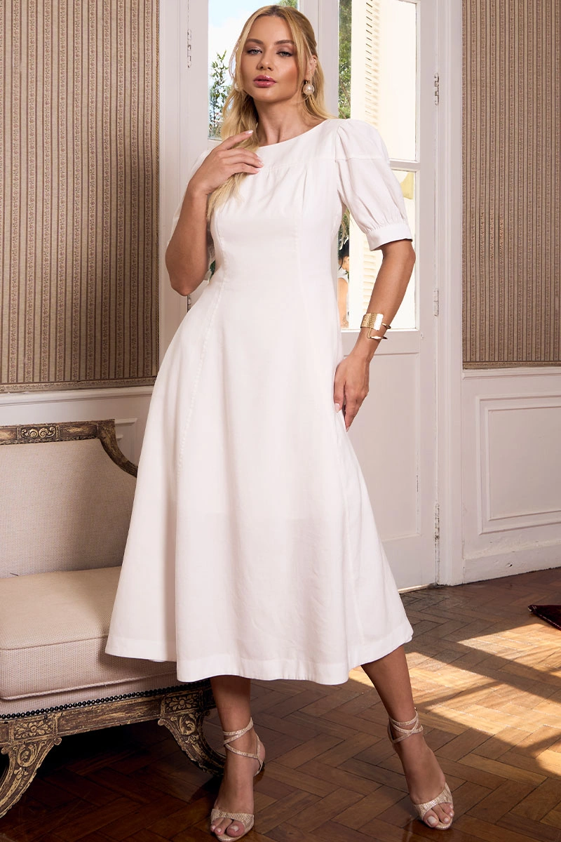 Miss Misses - Ohana Short Sleeve Midi Dress with Pocket and Zipper, Off White - 54744005