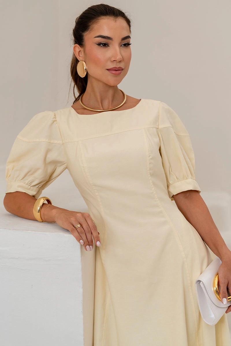 Miss Misses - Ohana Midi Dress with Short Sleeves, Pocket, and Zipper, Yellow - 54744003