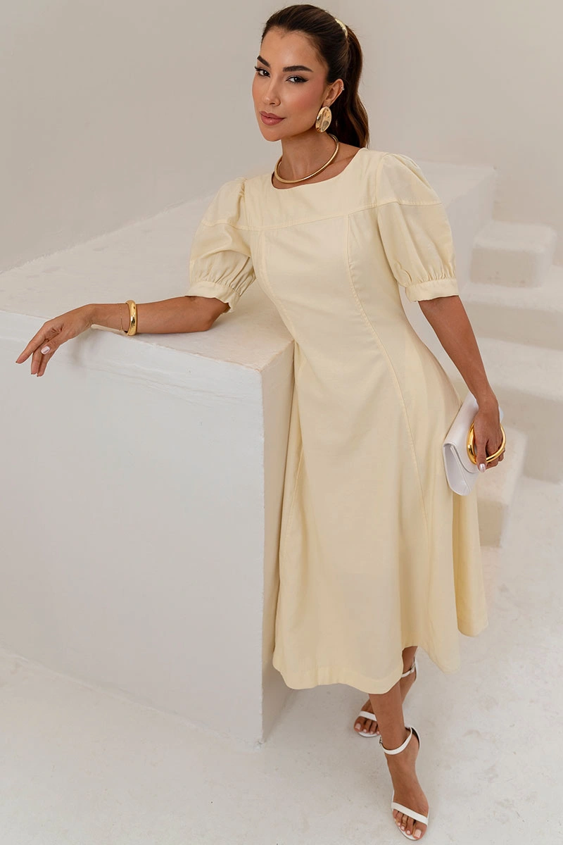 Miss Misses - Ohana Midi Dress with Short Sleeves, Pocket, and Zipper, Yellow - 54744003