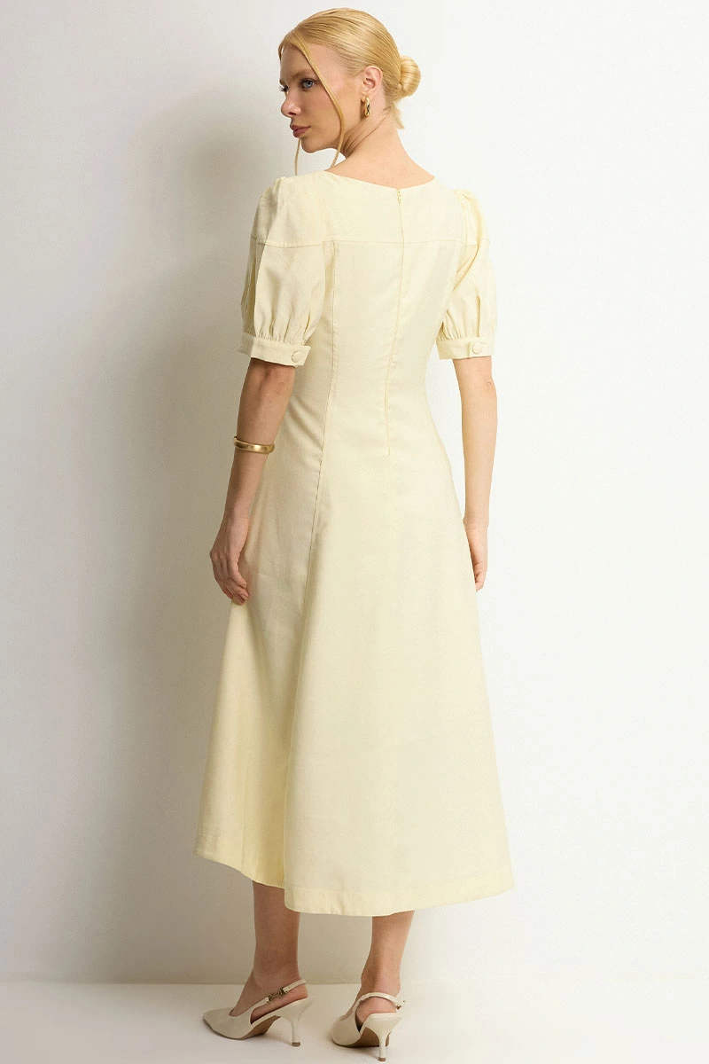 Miss Misses - Ohana Midi Dress with Short Sleeves, Pocket, and Zipper, Yellow - 54744003