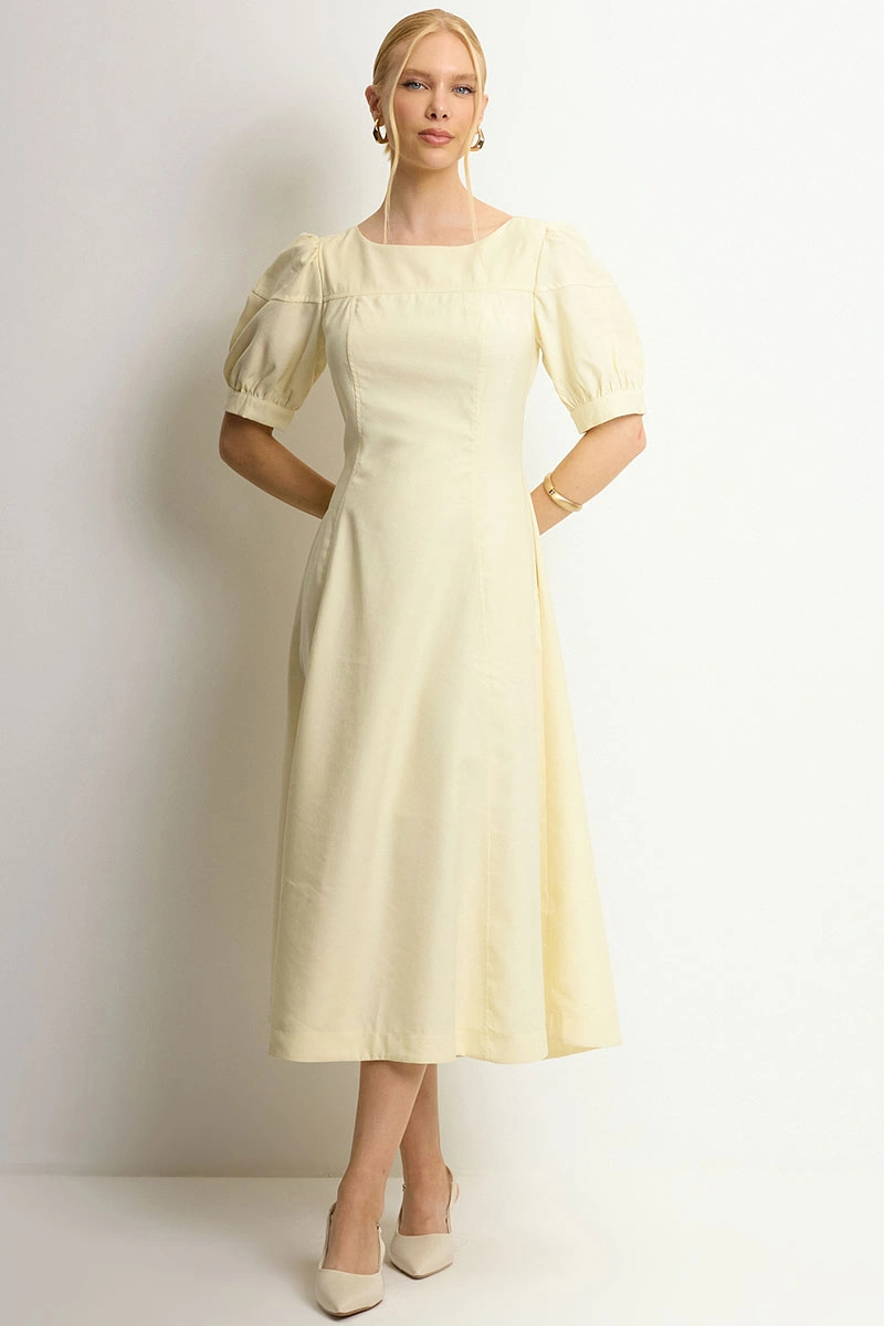 Miss Misses - Ohana Midi Dress with Short Sleeves, Pocket, and Zipper, Yellow - 54744003