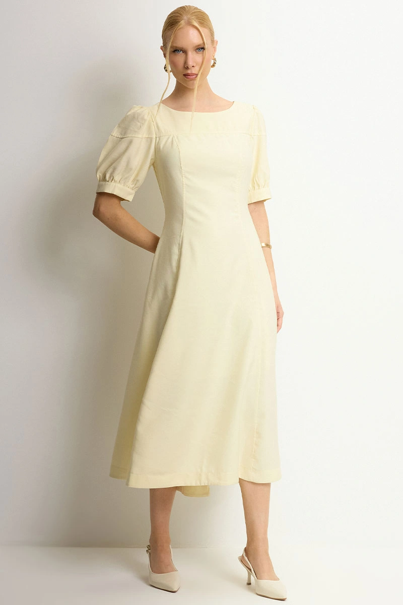 Miss Misses - Ohana Midi Dress with Short Sleeves, Pocket, and Zipper, Yellow - 54744003