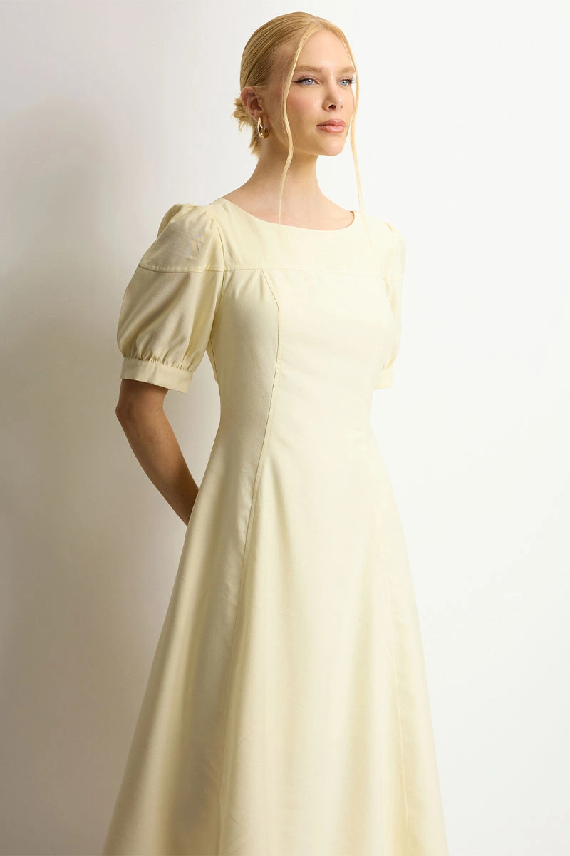 Miss Misses - Ohana Midi Dress with Short Sleeves, Pocket, and Zipper, Yellow - 54744003