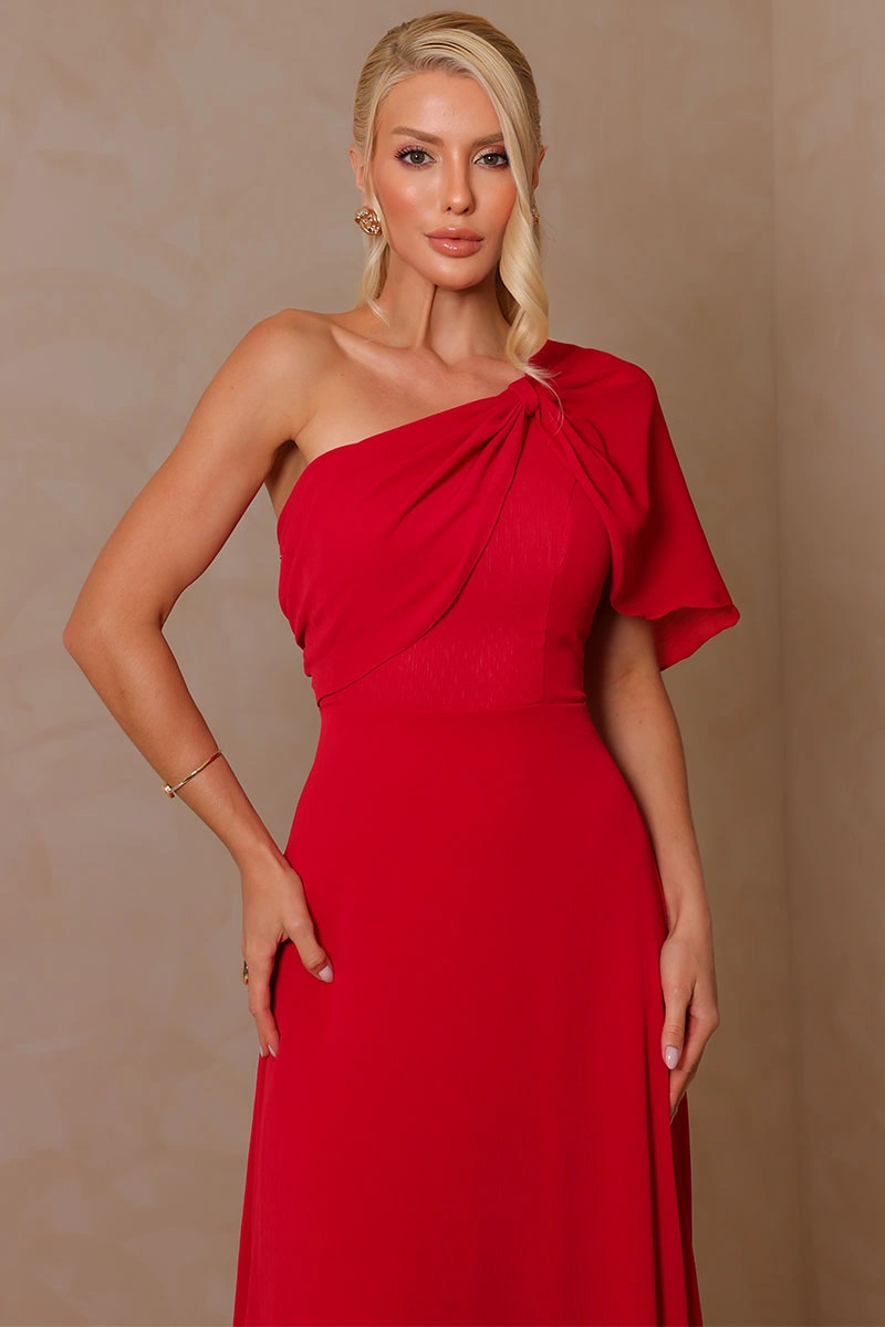 Miss Misses - Vestido Longo Jamile Um Ombro Só com Manga Fluida Vermelho - 54739024