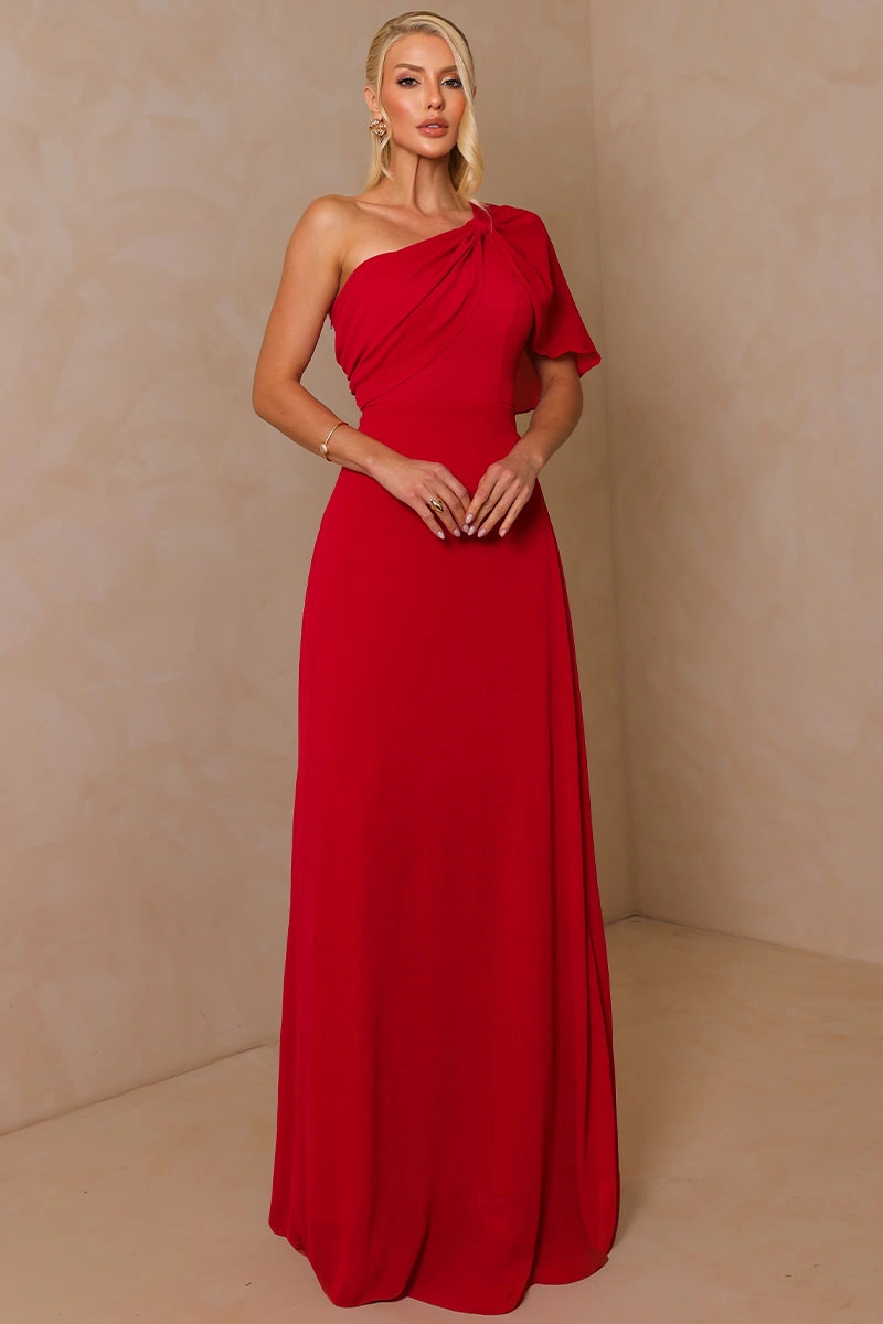 Miss Misses - Vestido Longo Jamile Um Ombro Só com Manga Fluida Vermelho - 54739024