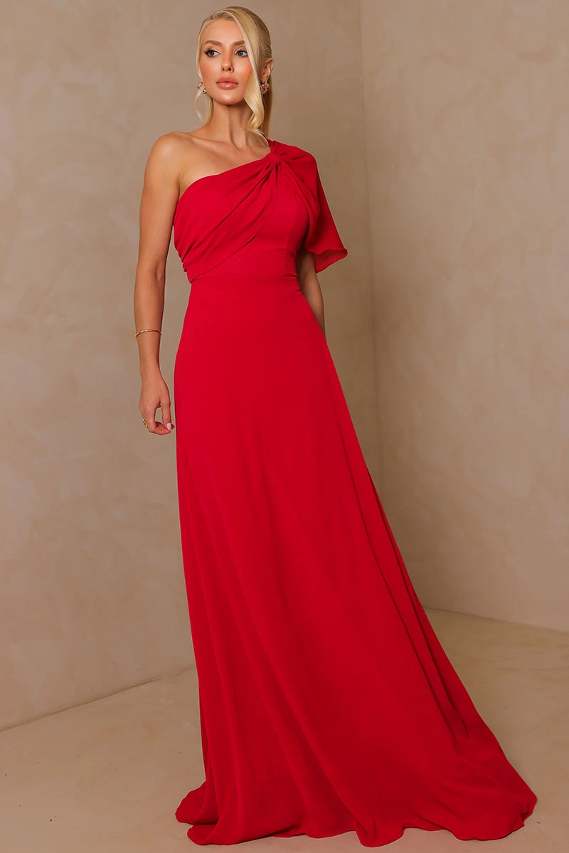 Miss Misses - Vestido Longo Jamile Um Ombro Só com Manga Fluida Vermelho - 54739024