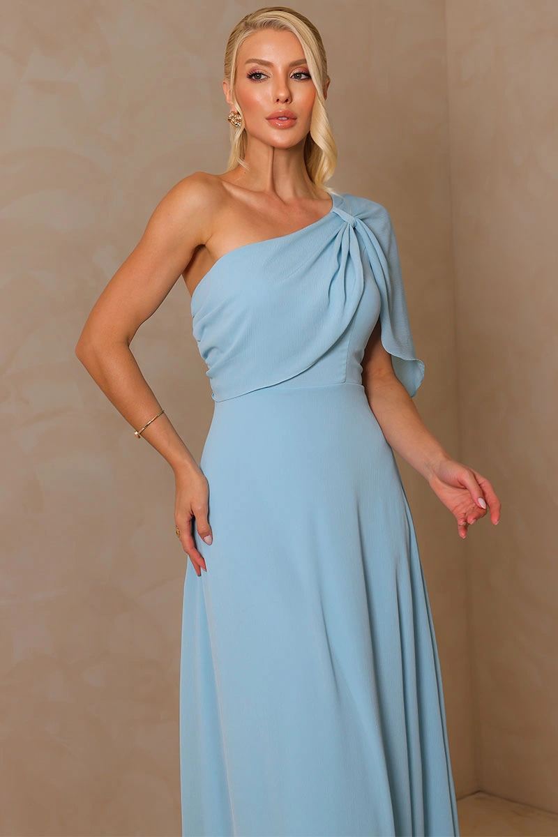 Miss Misses - Vestido Longo Jamile Um Ombro Só com Manga Fluida Azul - 54739002