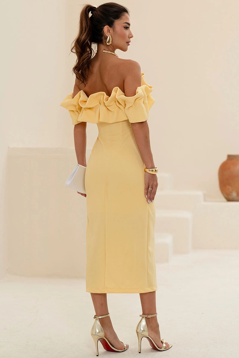 Miss Misses - Sabrina Dress, Off-the-Shoulder Tube Dress with Yellow Frills - 54464003