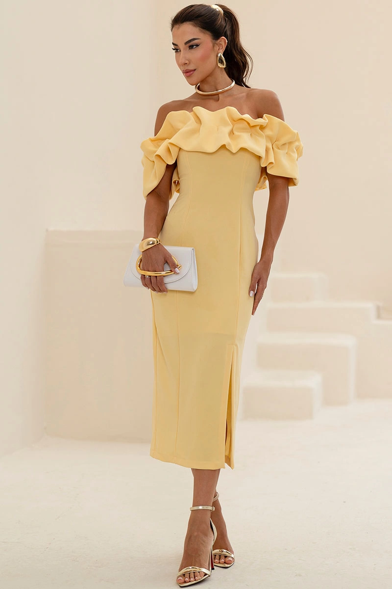 Miss Misses - Sabrina Dress, Off-the-Shoulder Tube Dress with Yellow Frills - 54464003