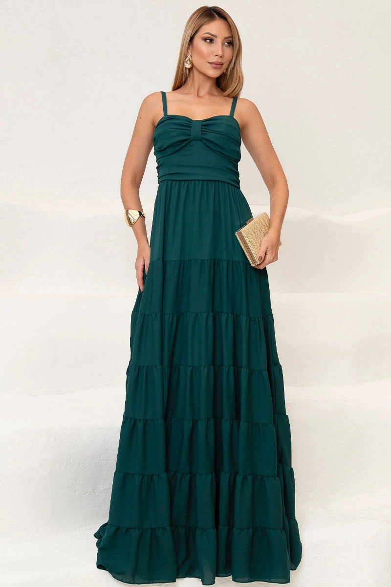 Miss Misses - Maisa Long Crepe Dress with Straps and Gathered Detail, Dark Green - 54671233
