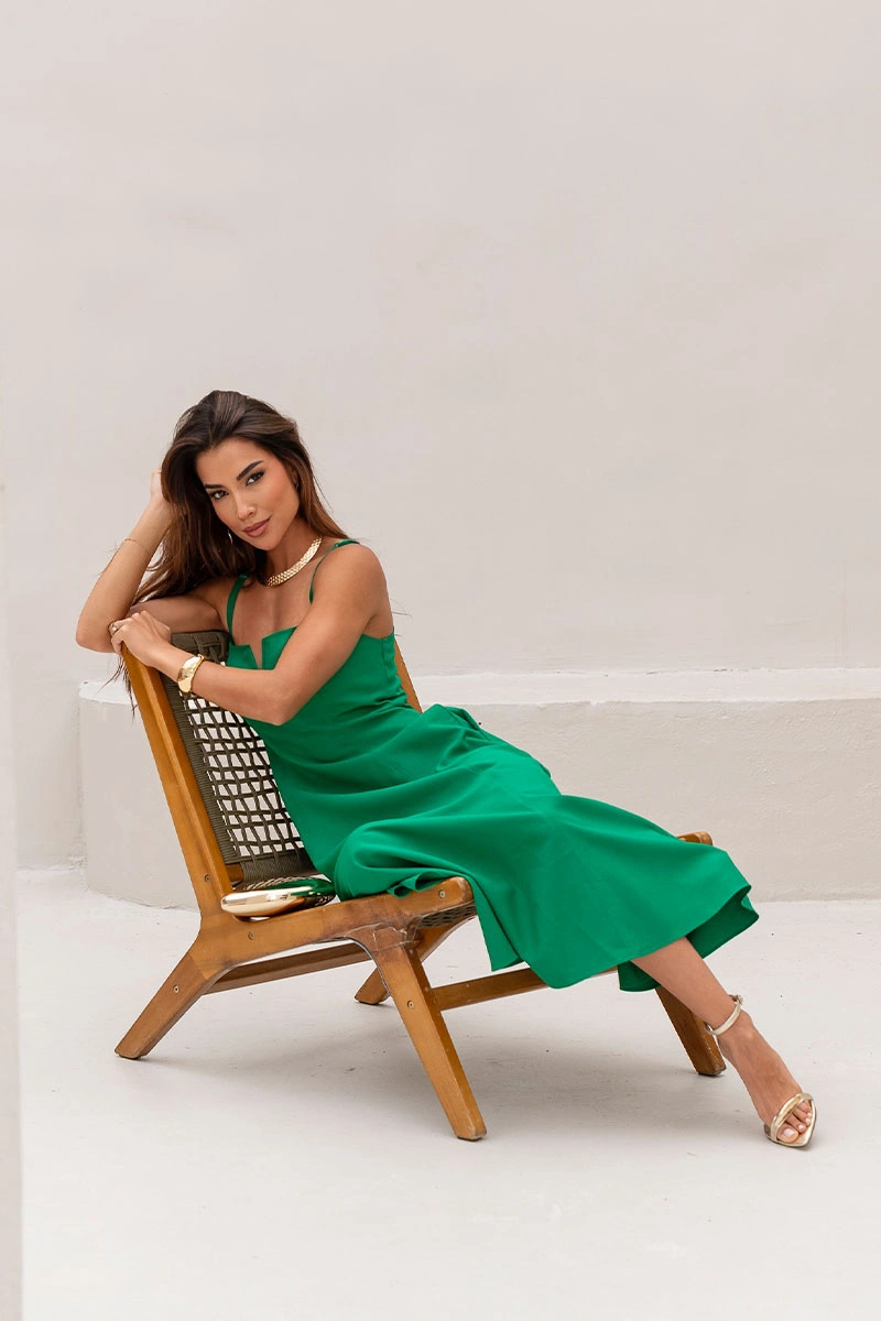 Miss Misses - Carol Dress with Straps, Zipper, V-Neck, Green - 54546023