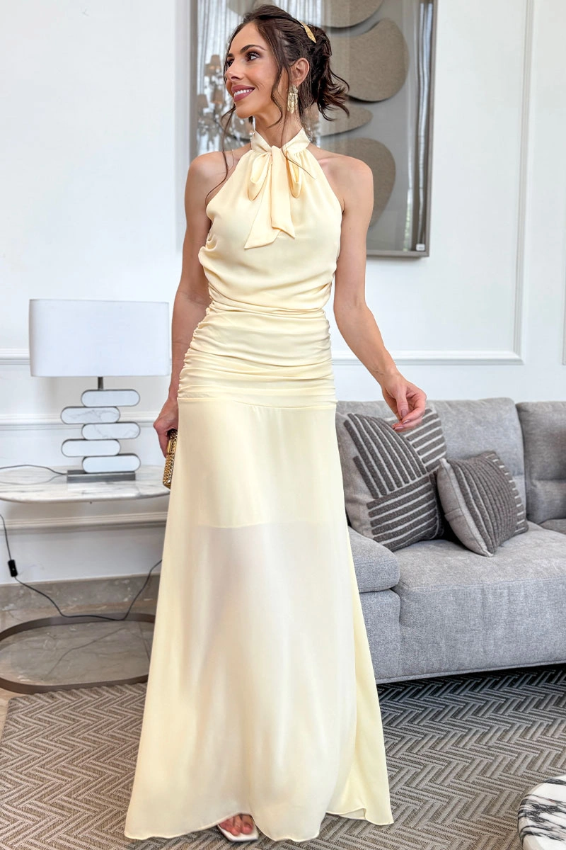 Miss Misses - Linik Long Crepe Draped Dress with Zipper Costa Amarelo - 54727003